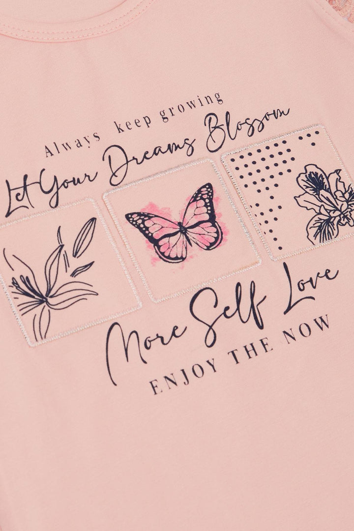 BRE Breeze Girl's T-shirt with Puff Sleeve, Guipure Embroidery, Butterfly Print, 1.5-5 Years, Pink - Emden