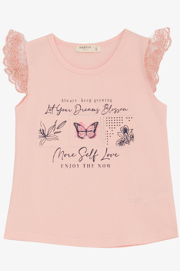 BRE Breeze Girl's T-shirt with Puff Sleeve, Guipure Embroidery, Butterfly Print, 1.5-5 Years, Pink - Emden