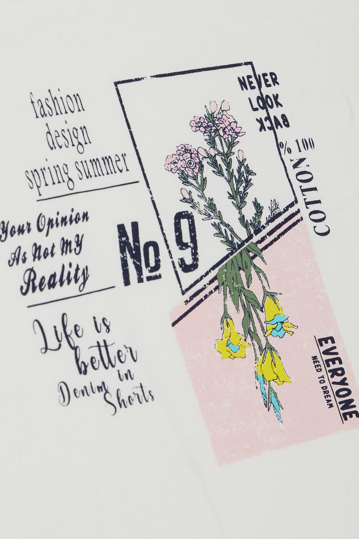 BRE Breeze Girl's T-shirt Fashion Themed Writing & Colorful Flower Printed 104 Years, Ecru - Ciudad General Escobedo