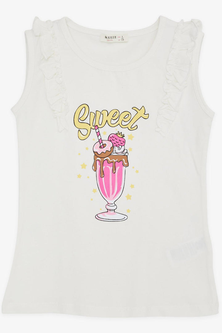 BRE Breeze Girl's T-Shirt with Ruffled Shoulders Ice Cream Printed 4-8 Years, Ecru - Washington