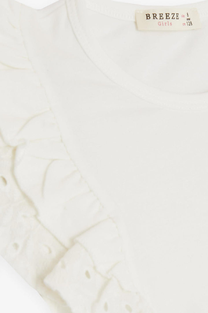 BRE Breeze Girl's T-Shirt with Shoulder Lace Frilly Embroidery, 50 Years, Ecru - Ramos Arizpe
