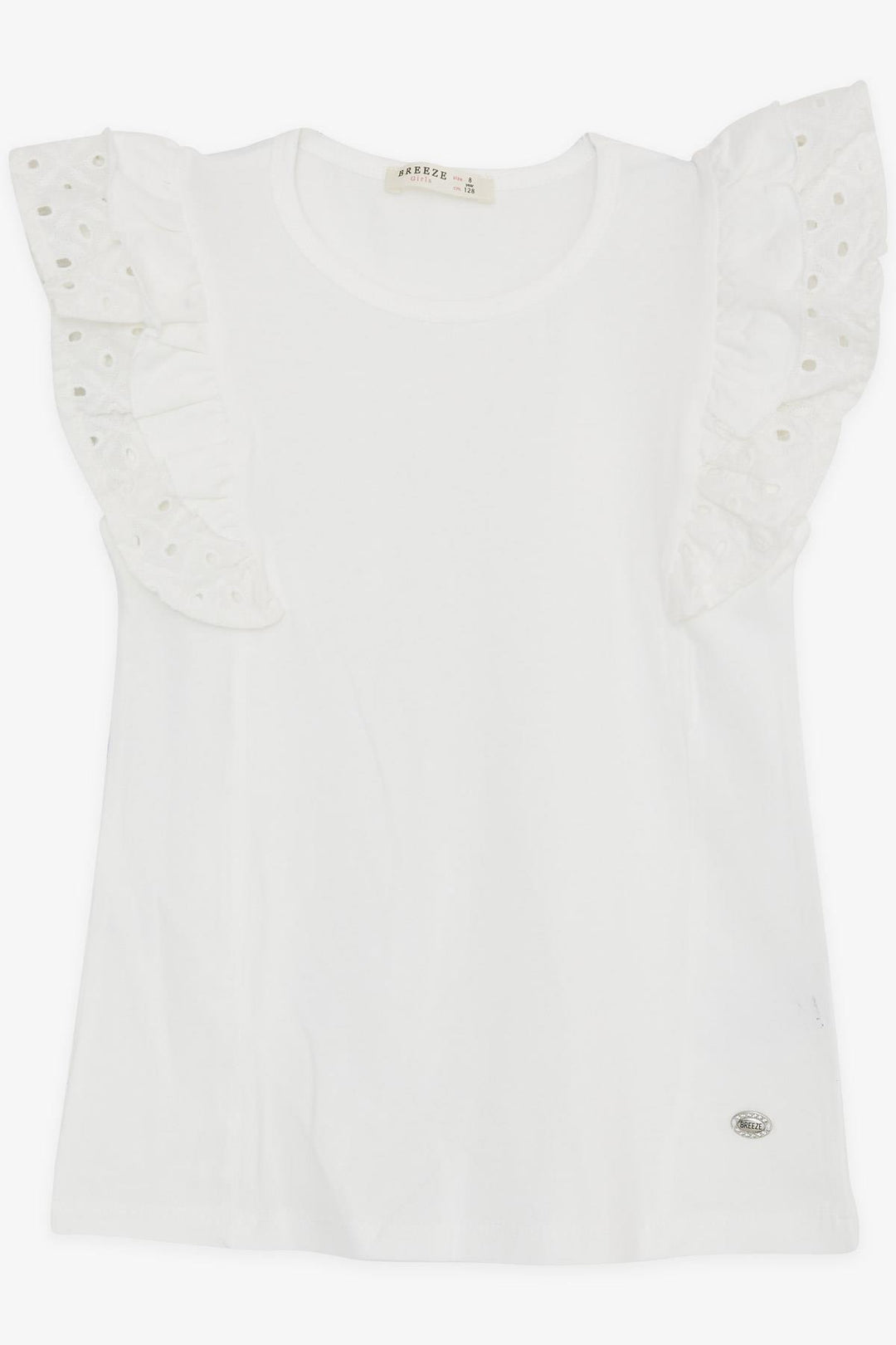 BRE Breeze Girl's T-Shirt with Shoulder Lace Frilly Embroidery, 50 Years, Ecru - Ramos Arizpe