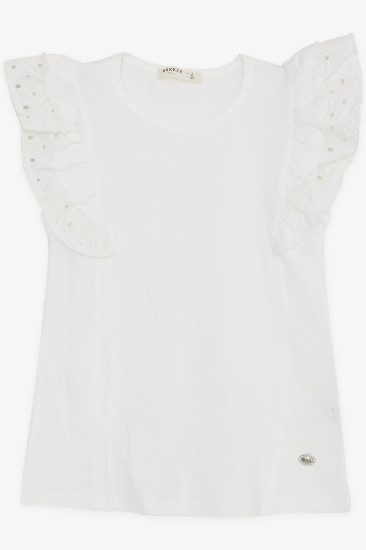 BRE Breeze Girl's T-Shirt with Shoulder Lace Frilly Embroidery, 50 Years, Ecru - Ramos Arizpe