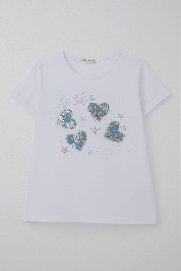 BRE Breeze Girl's T-shirt with Embroidered Heart Print Detail, 94 Years, White - Tallaght