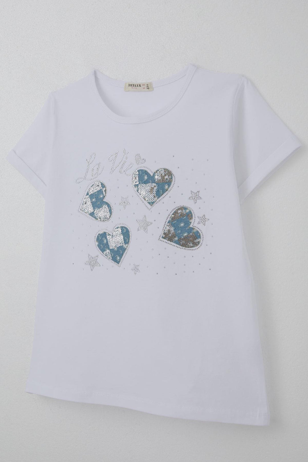 BRE Breeze Girl's T-shirt with Embroidered Heart Print Detail, 94 Years, White - Tallaght