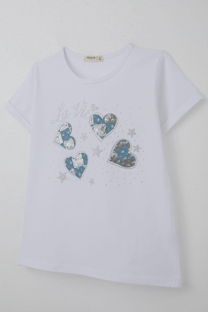 BRE Breeze Girl's T-shirt with Embroidered Heart Print Detail, 94 Years, White - Tallaght