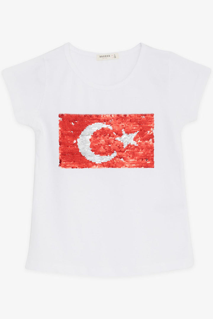 BRE Breeze Girl's T-shirt with Sequined Crescent Star, White, 64 Years - Santa Monica