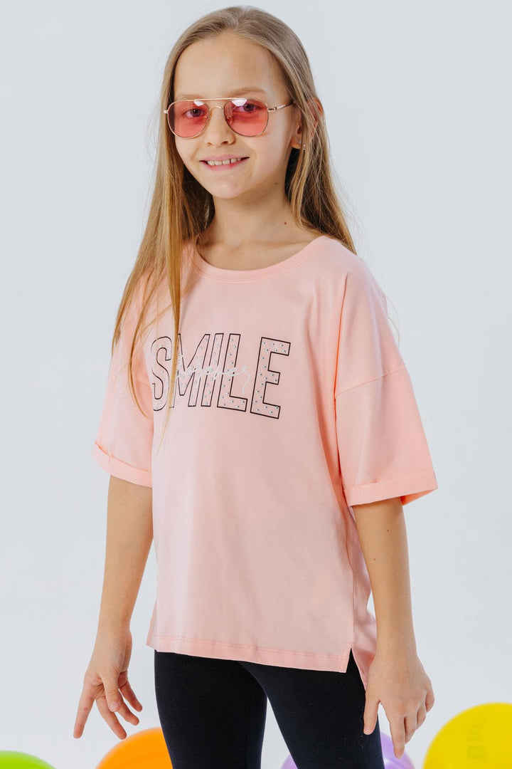 BRE Breeze Girl's T-Shirt with Smile Print and Stones, 96 Years, Salmon - West Orange