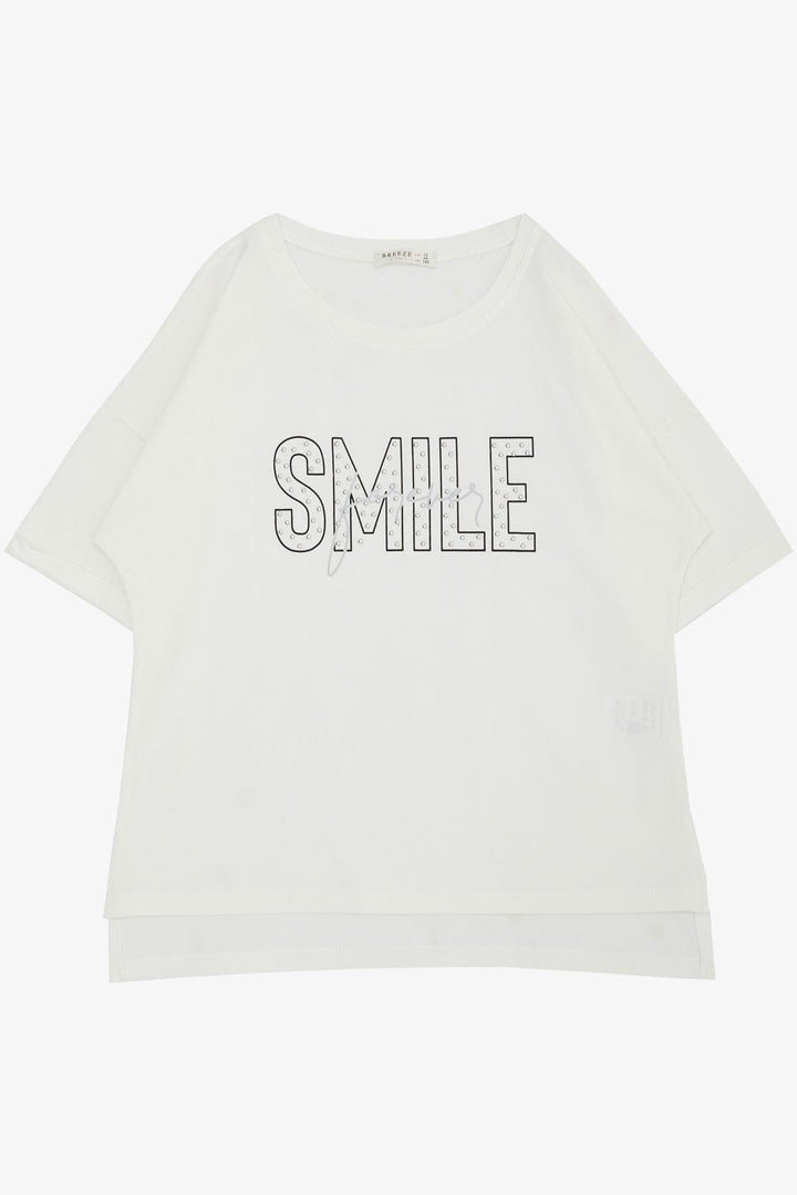 BRE Breeze Girl's T-Shirt with Smile Print and Rhinestones, 96 Years, Ecru - Jalacingo