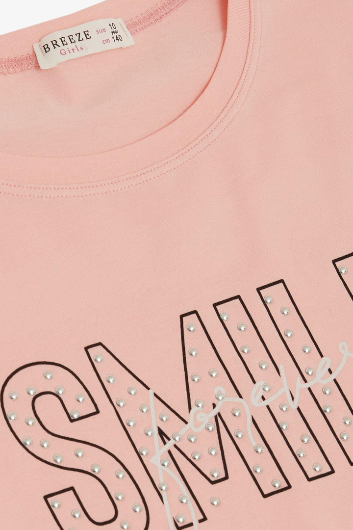 BRE Breeze Girl's T-Shirt with Smile Print and Stones, 96 Years, Salmon - West Orange