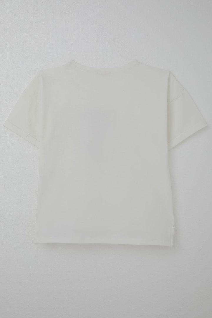 BRE Breeze Girl's T-shirt with Stone Accessories Flower Printed 96 Years, Ecru - Saanich