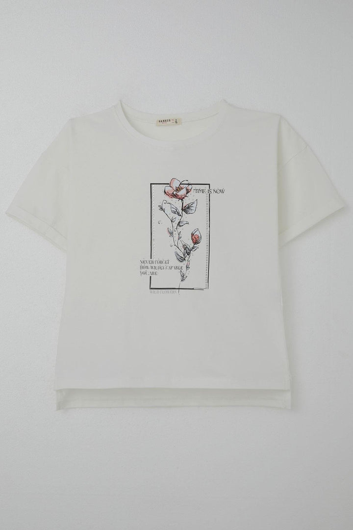 BRE Breeze Girl's T-shirt with Stone Accessories Flower Printed 96 Years, Ecru - Saanich