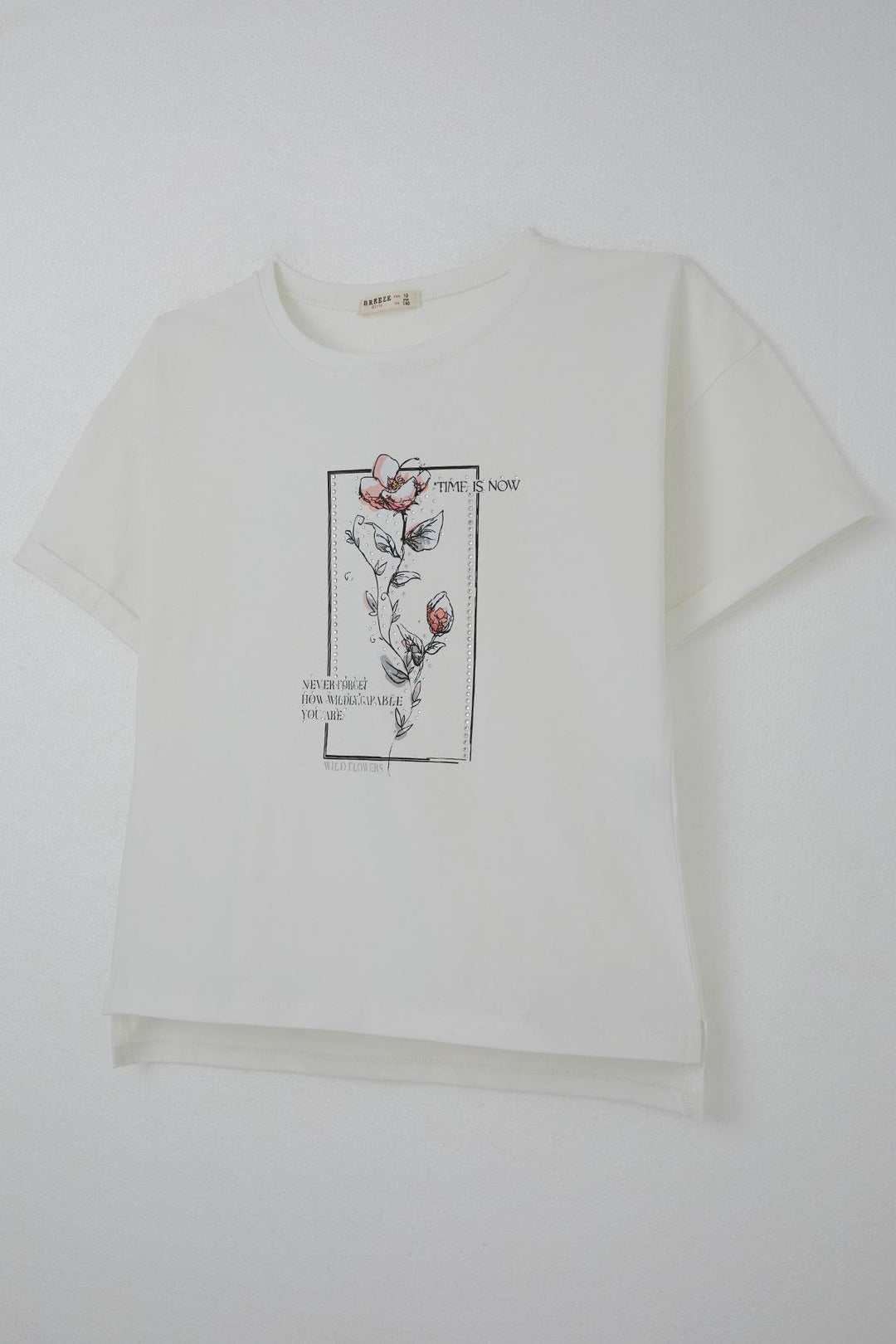 BRE Breeze Girl's T-shirt with Stone Accessories Flower Printed 96 Years, Ecru - Saanich