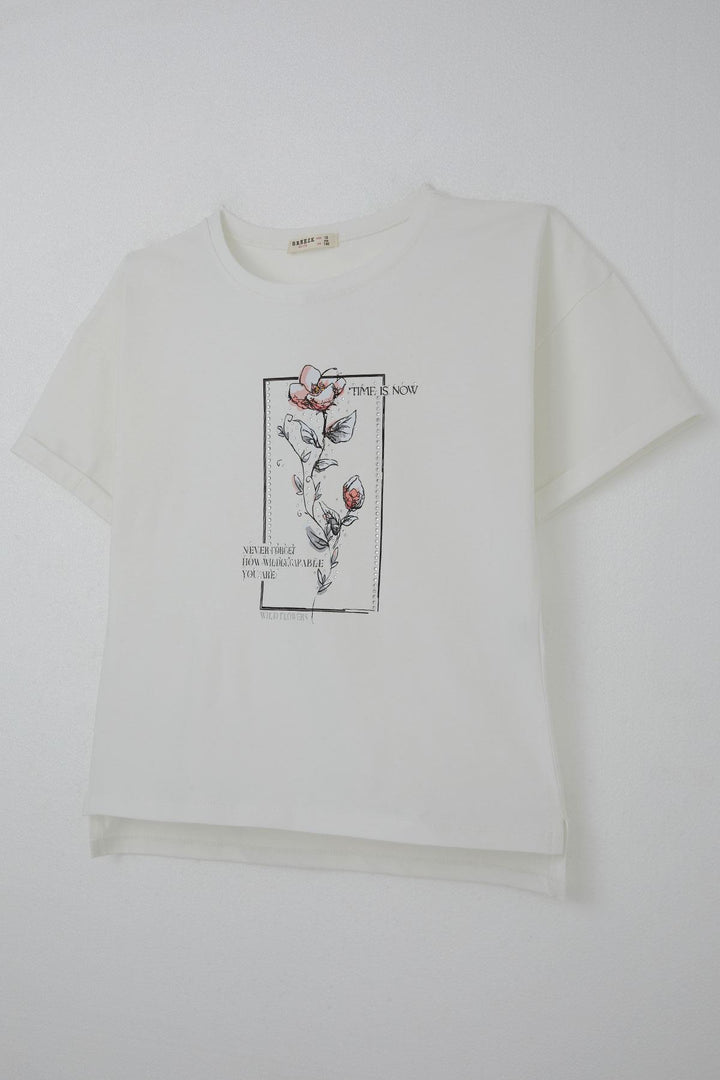 BRE Breeze Girl's T-shirt with Stone Accessories Flower Printed 96 Years, Ecru - Saanich
