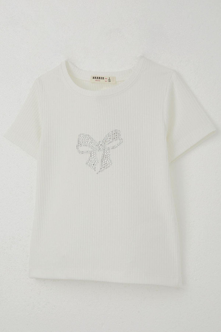 BRE Breeze Girl's T-shirt with Rhinestone Bow Print 84 Years, Ecru - Hinckley
