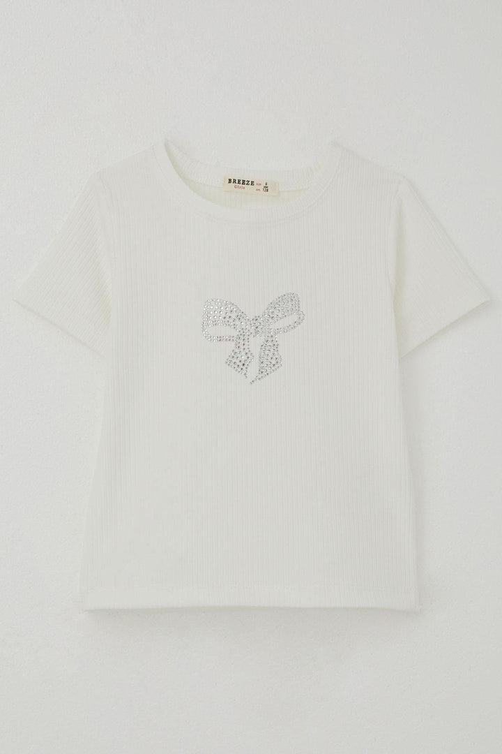 BRE Breeze Girl's T-shirt with Rhinestone Bow Print 84 Years, Ecru - Hinckley