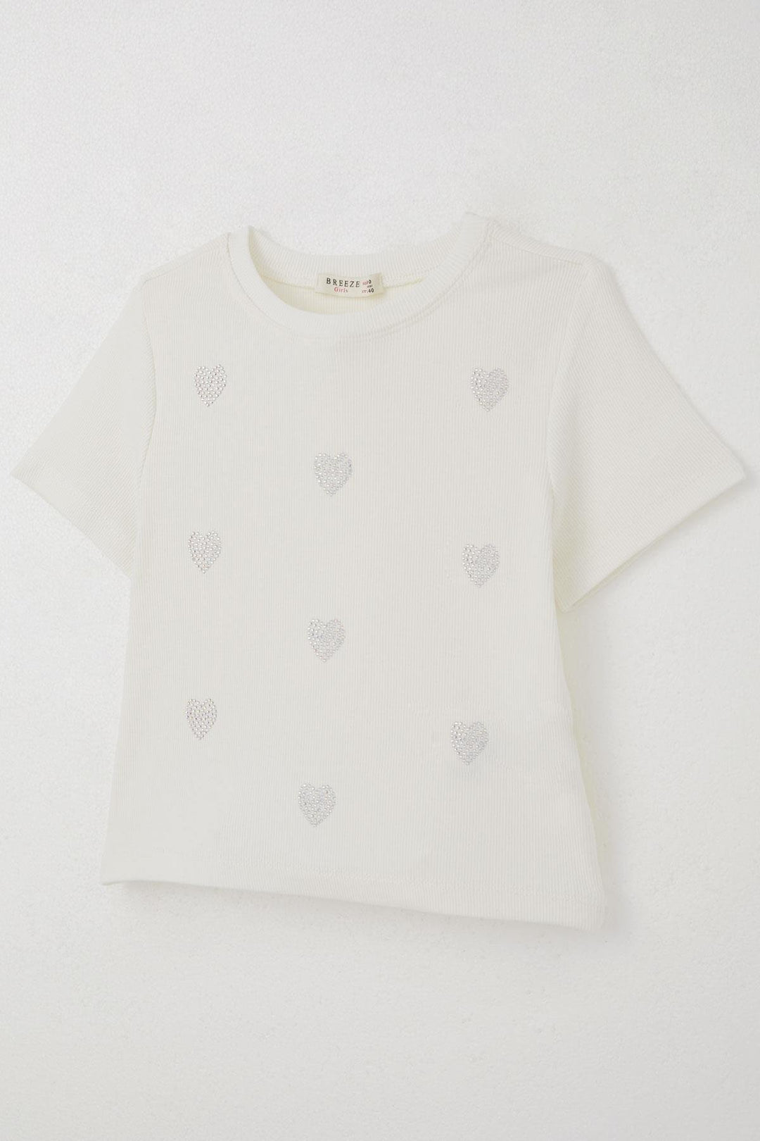 BRE Breeze Girl's T-shirt with Rhinestone Heart Pattern, 94 Years, Ecru - Zamora