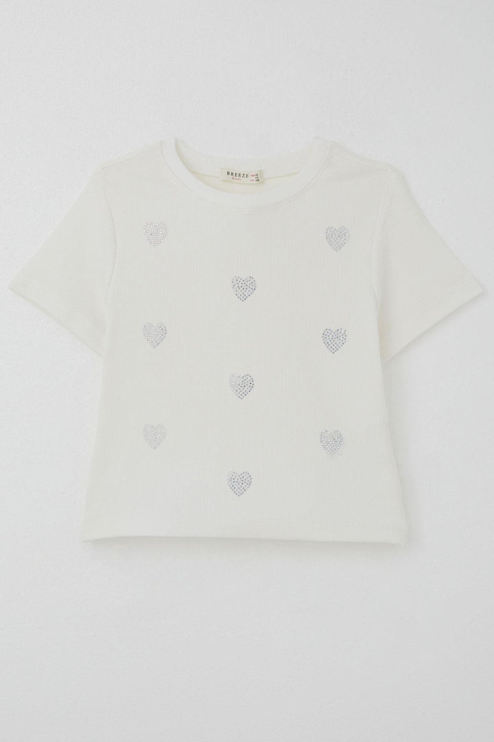 BRE Breeze Girl's T-shirt with Rhinestone Heart Pattern, 94 Years, Ecru - Zamora