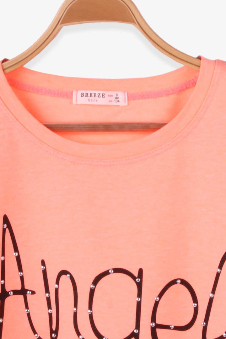 BRE Breeze Girl's T-shirt with Rhinestone Printed Writing, 96 Years, Neon Orange - South Fulton