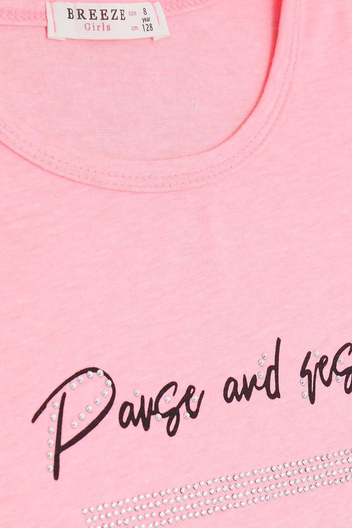 BRE Breeze Girl's T-shirt with Rhinestone Printed Writing, 84 Years, Neon Pink - Midland