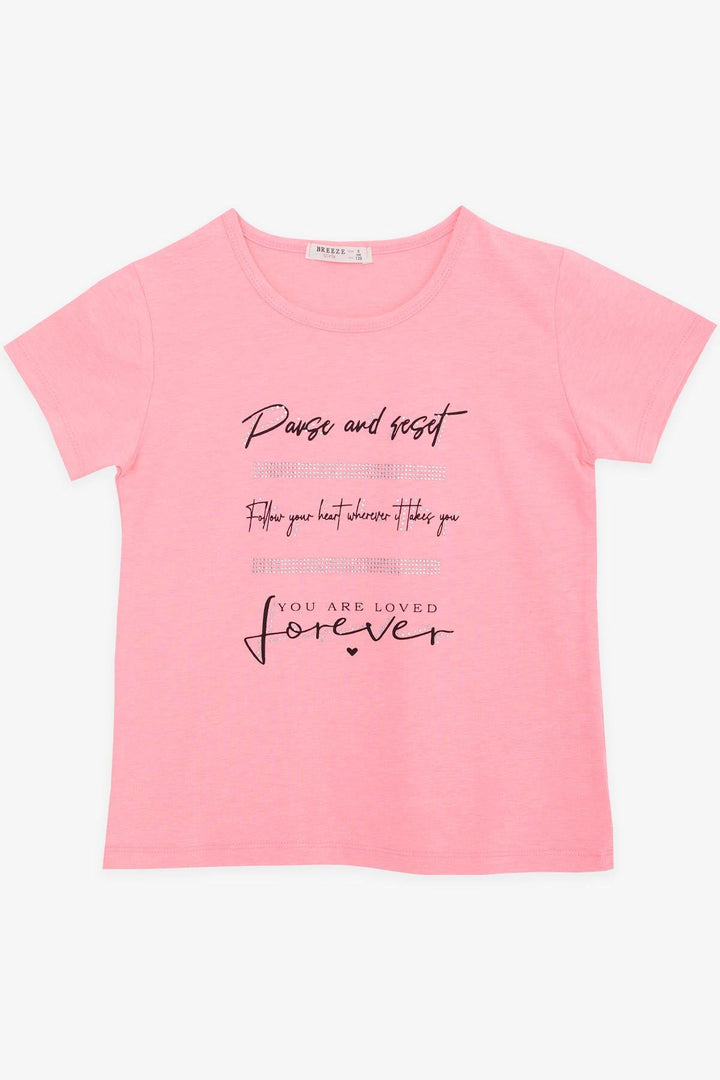 BRE Breeze Girl's T-shirt with Rhinestone Printed Writing, 84 Years, Neon Pink - Midland
