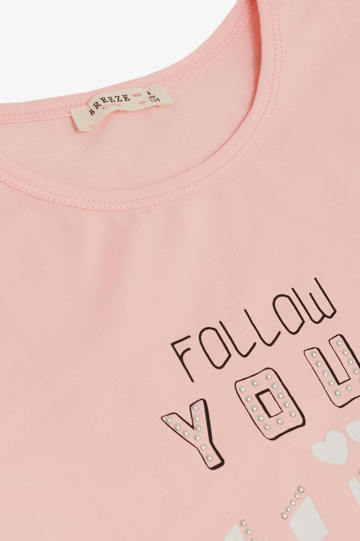 BRE Breeze Girl's T-shirt with Rhinestone Writing & Heart Print, 84 Years, Pink - Ciampino