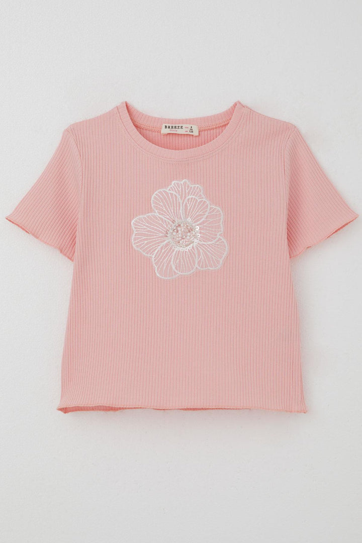 BRE Breeze Girl's T-shirt with Tulle Flower Embroidery Beaded Belt Accessory Size 84 Years, Pink - Clay