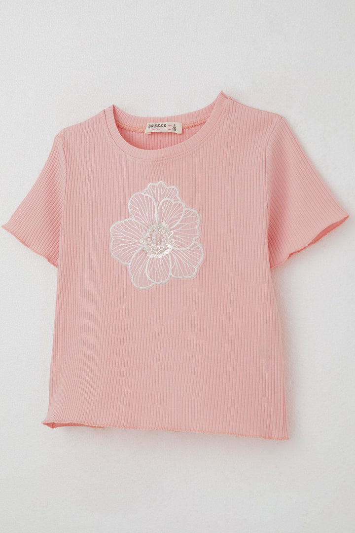 BRE Breeze Girl's T-shirt with Tulle Flower Embroidery Beaded Belt Accessory Size 84 Years, Pink - Clay