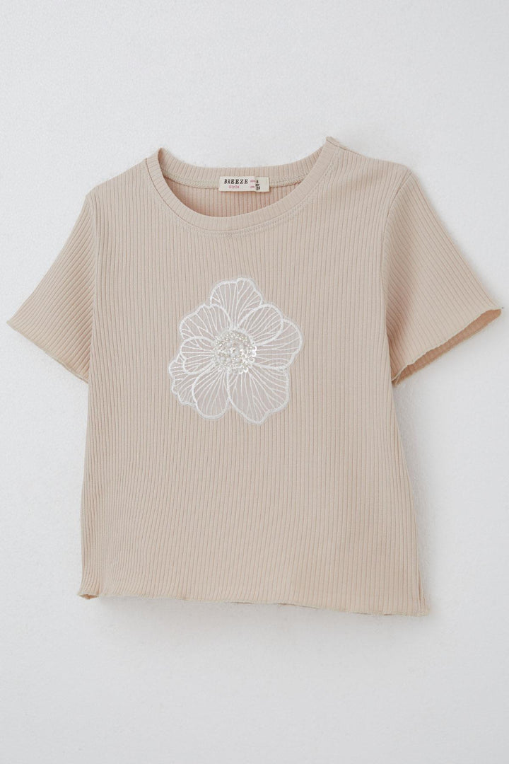 BRE Breeze Girl's T-shirt Tulle Flower Embroidered Beaded Belt Size 84 Years, Beige - Pordenone