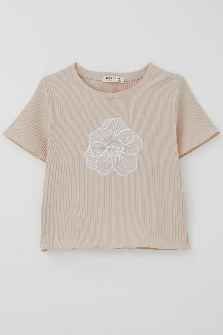 BRE Breeze Girl's T-shirt Tulle Flower Embroidered Beaded Belt Size 84 Years, Beige - Pordenone
