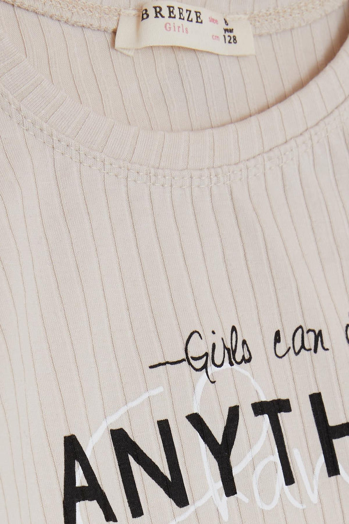 BRE Breeze Girl's T-Shirt with Ruched Sides Printed with Text, 84 Years, Beige - Marietta