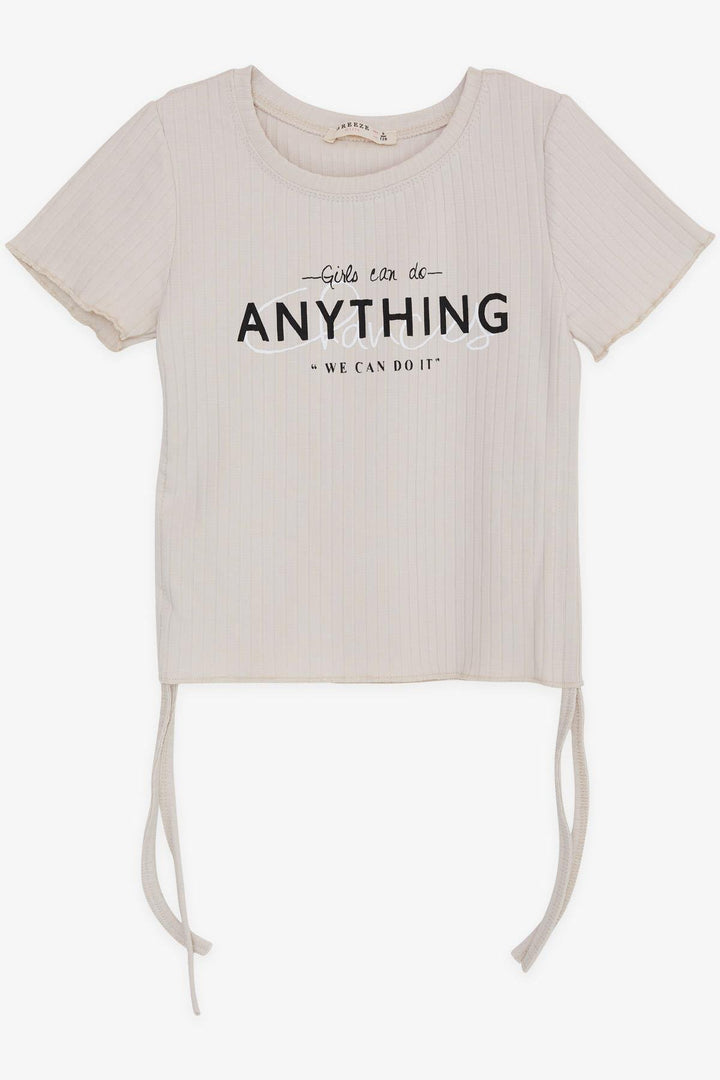 BRE Breeze Girl's T-Shirt with Ruched Sides Printed with Text, 84 Years, Beige - Marietta