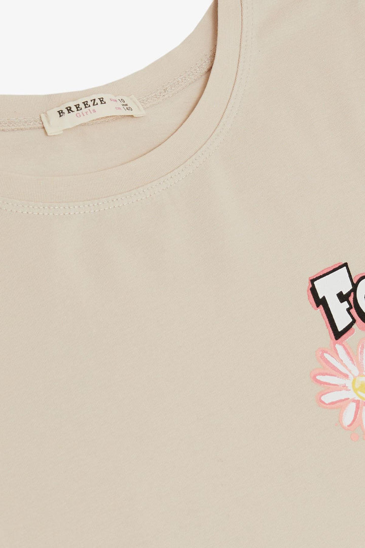 BRE Breeze Girl's T-shirt with Printed Text, 94 Years, Beige - Puerto Real