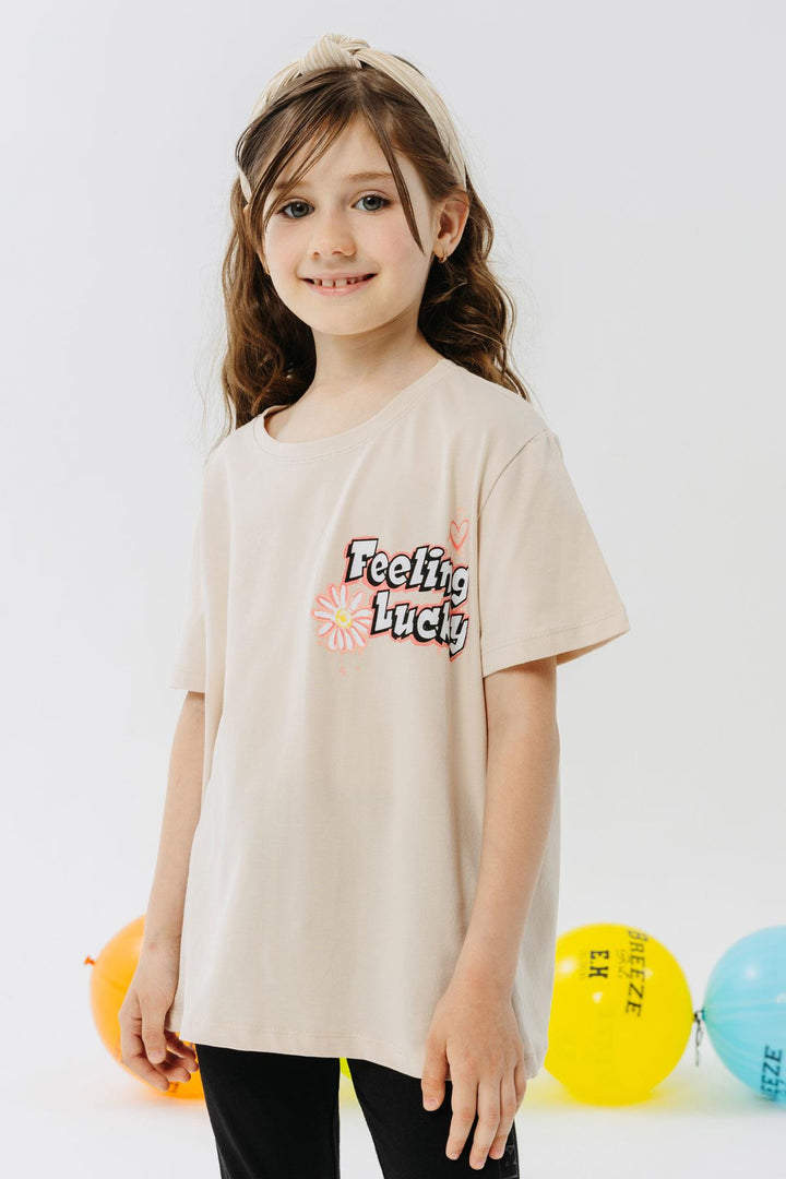 BRE Breeze Girl's T-shirt with Printed Text, 94 Years, Beige - Puerto Real