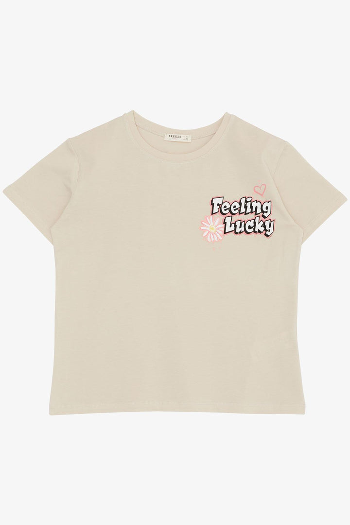 BRE Breeze Girl's T-shirt with Printed Text, 94 Years, Beige - Puerto Real