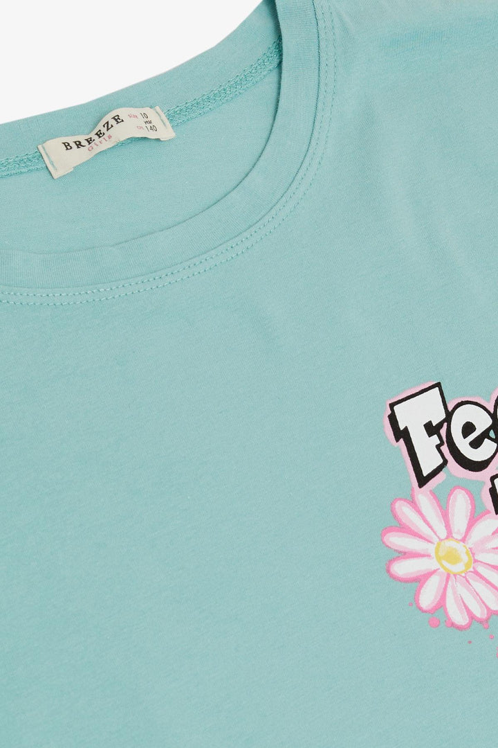 BRE Breeze Girl's T-shirt with Printed Text, 94 Years, Aqua Green - South Hill