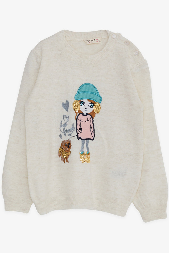 BRE Breeze Girl Child Sweater with Sequin Embroidery Girl Printed 1.5-5 Years, Ecru - Famalicão
