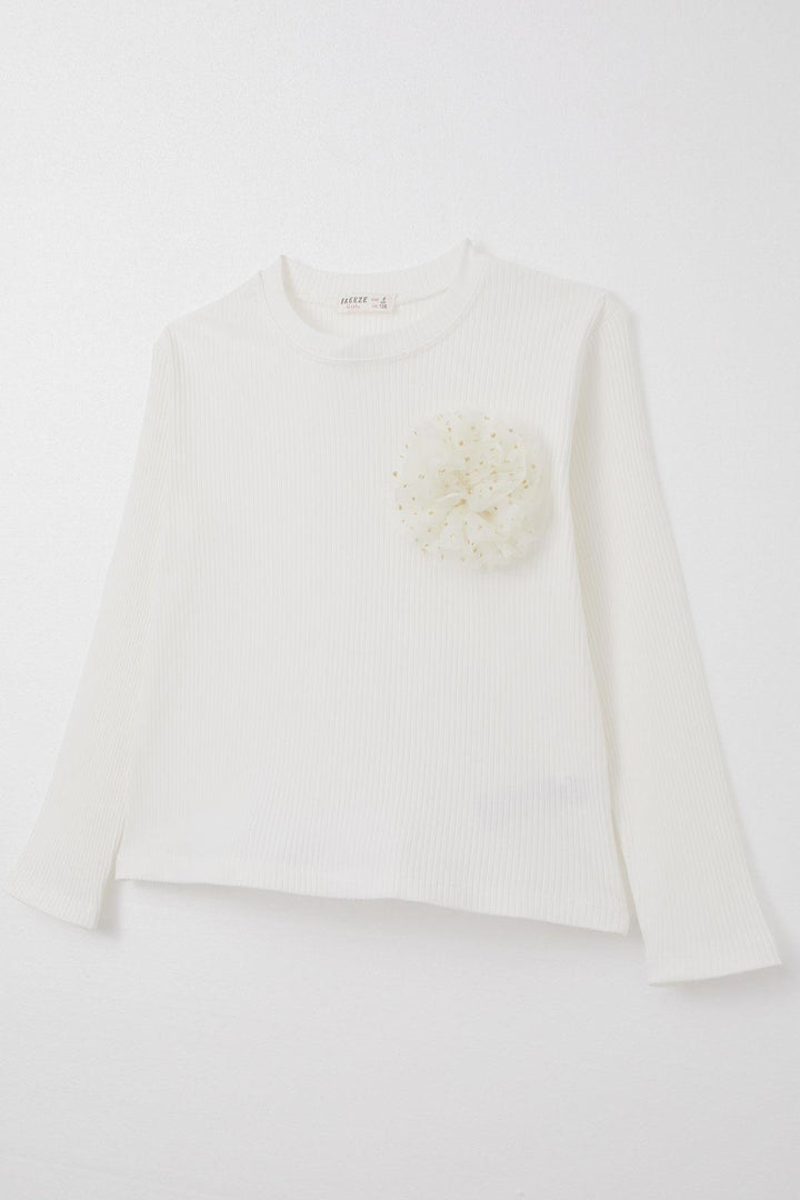 BRE Breeze Girl Child Long Sleeve Blouse with Flower Accessories, 84 Years, Ecru - Santa María Texmelucan