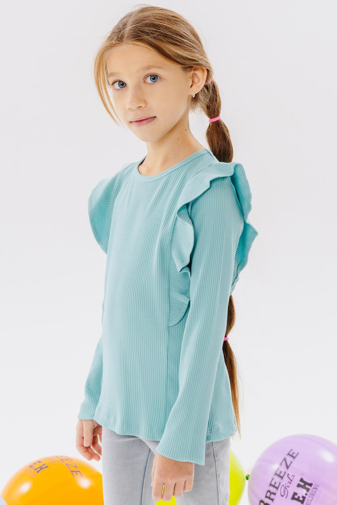 BRE Breeze Girl Child Long Sleeve Blouse with Ruffles 4-8 Years, Aqua Green - San José del Cabo
