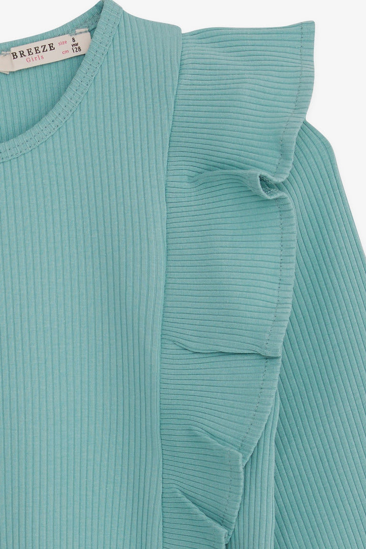 BRE Breeze Girl Child Long Sleeve Blouse with Ruffles 4-8 Years, Aqua Green - San José del Cabo