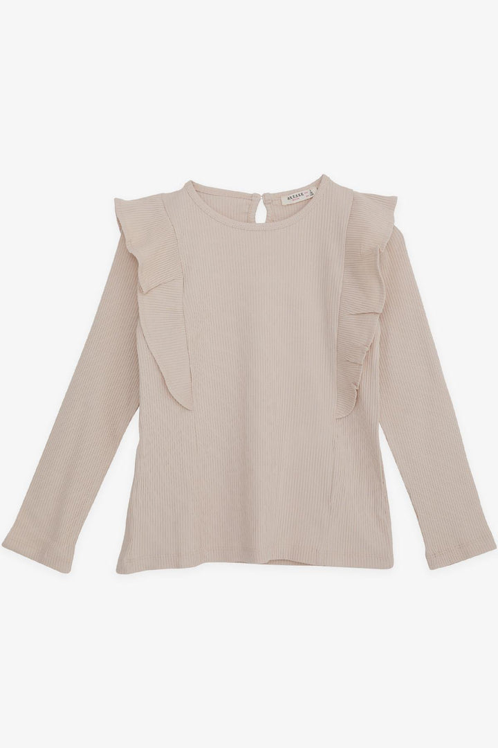 BRE Breeze Girl Child Long Sleeve Blouse with Ruffles, 4-8 Years, Beige - Nashville