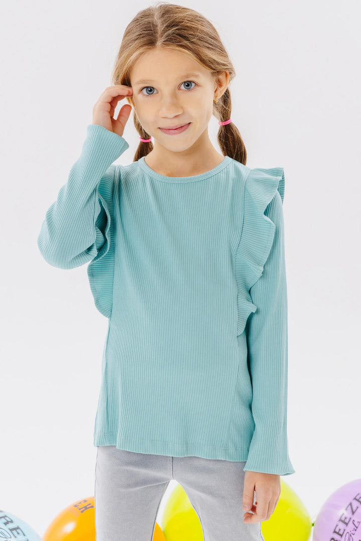 BRE Breeze Girl Child Long Sleeve Blouse with Ruffles 4-8 Years, Aqua Green - San José del Cabo
