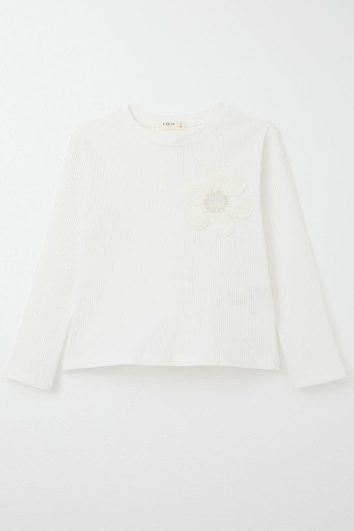 BRE Breeze Girl Child Long Sleeve Blouse with Pearl Daisy Embroidery Armored 84 Years, Ecru - Marratxi