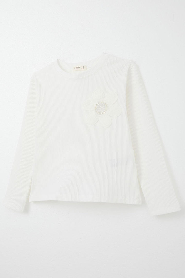 BRE Breeze Girl Child Long Sleeve Blouse with Pearl Daisy Embroidery Armored 84 Years, Ecru - Marratxi