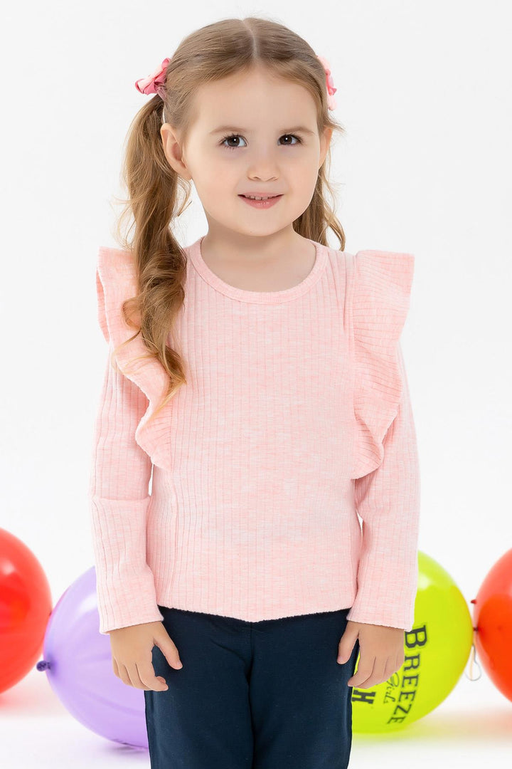 BRE Breeze Girl Child Long Sleeve Blouse with Frilly Shoulders 1.5-5 Years, Salmon Melange - Holubivske