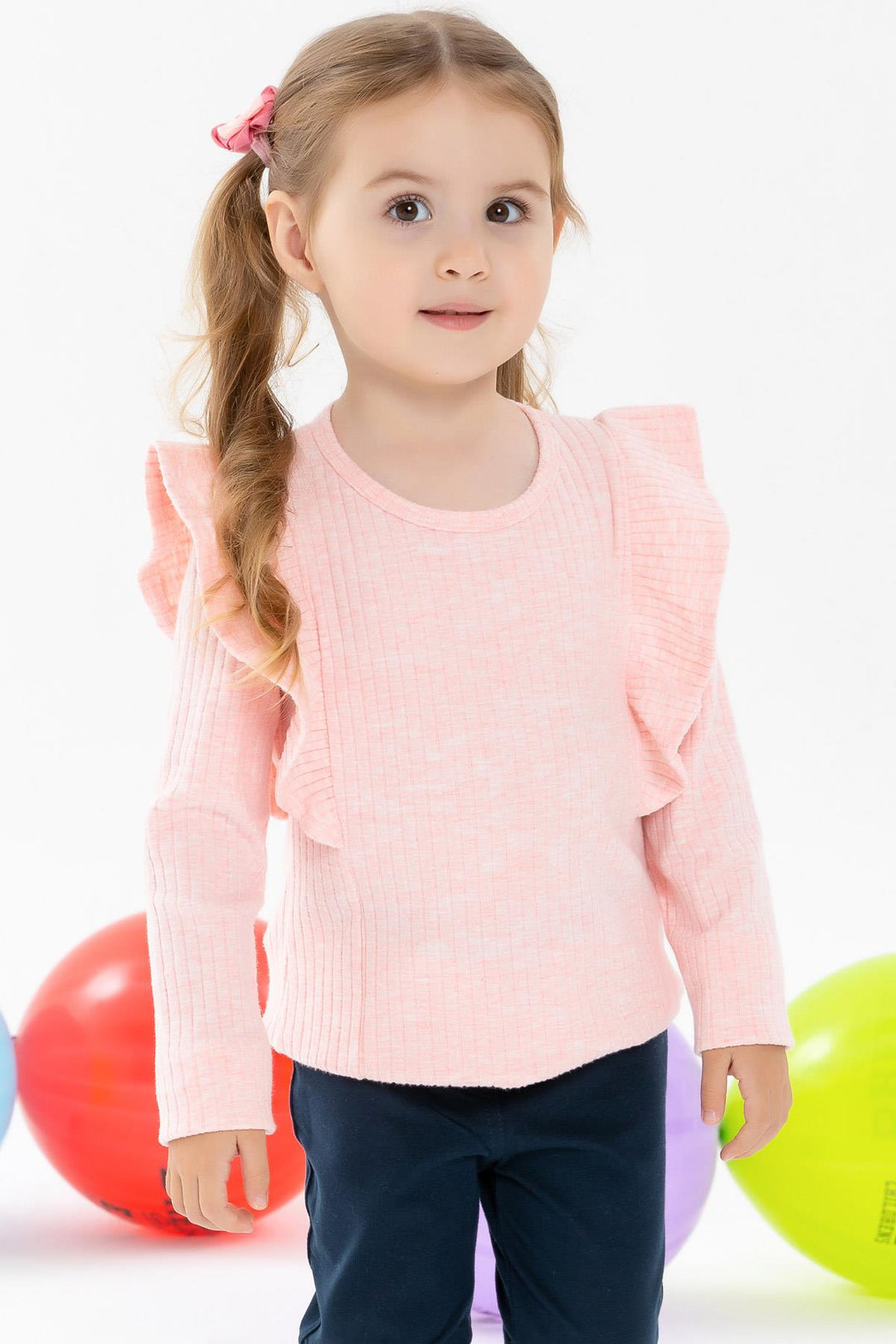 BRE Breeze Girl Child Long Sleeve Blouse with Frilly Shoulders 1.5-5 Years, Salmon Melange - Holubivske