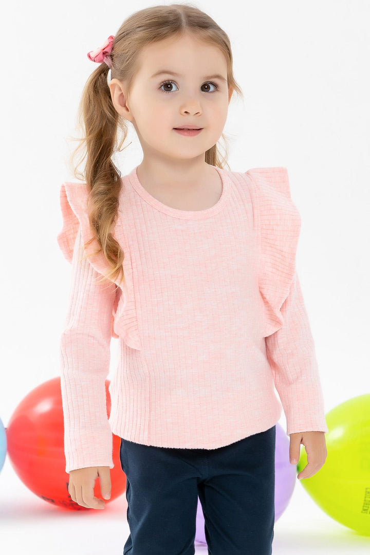 BRE Breeze Girl Child Long Sleeve Blouse with Frilly Shoulders 1.5-5 Years, Salmon Melange - Holubivske