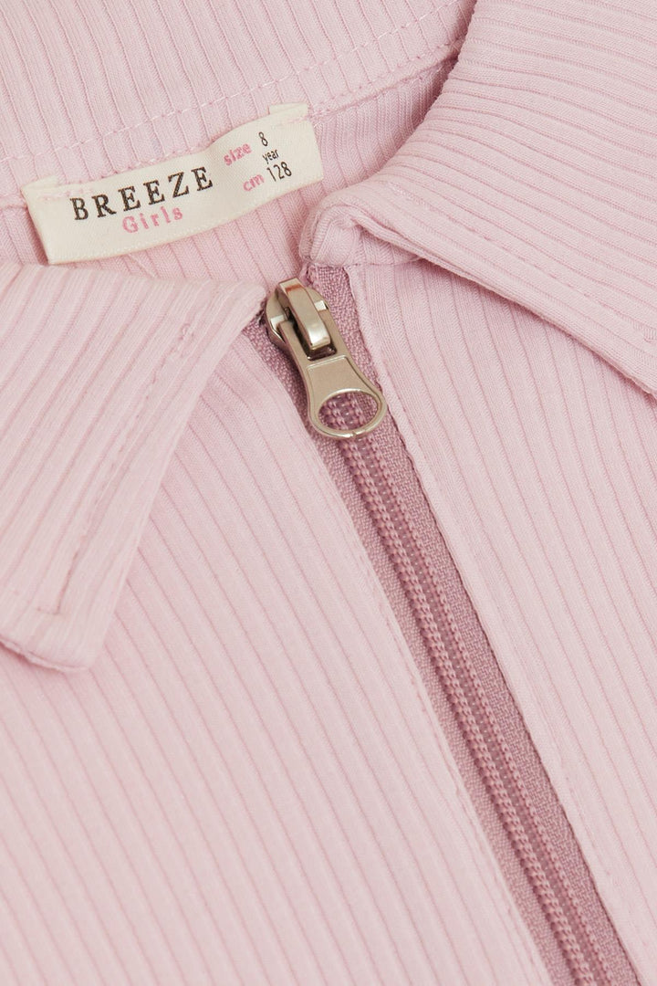 تي شيرت BRE Breeze للفتيات بأكمام طويلة ورقبة بولو نصف سحاب وشعار وجه مبتسم 84 سنة، وردي - جروف سيتي