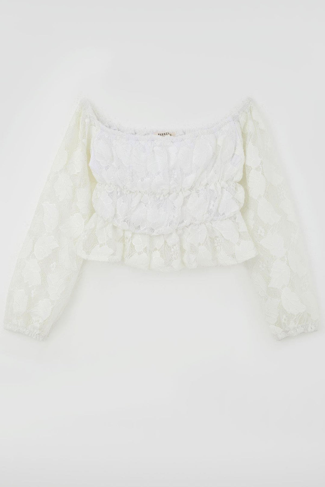 BRE Breeze Kız Çocuk Uzun Kollu Dantelli Crop Bluz Yaprak Desenli 94 Yaş, Beyaz - Miramar