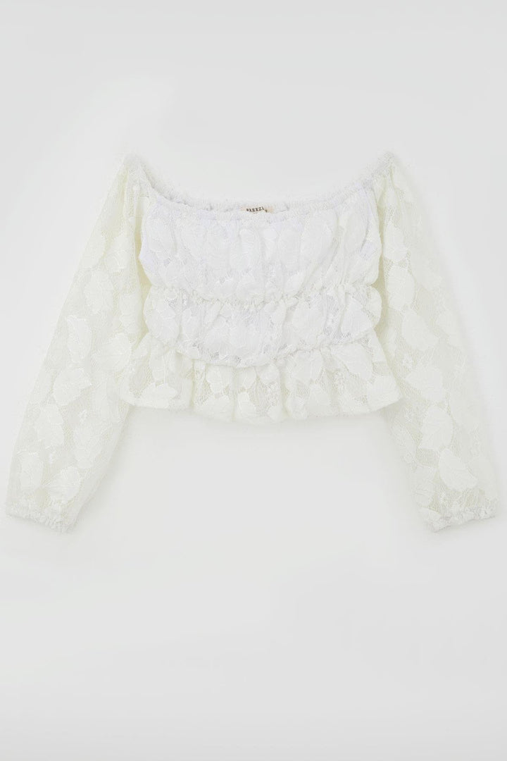 BRE Breeze Kız Çocuk Uzun Kollu Dantelli Crop Bluz Yaprak Desenli 94 Yaş, Beyaz - Miramar